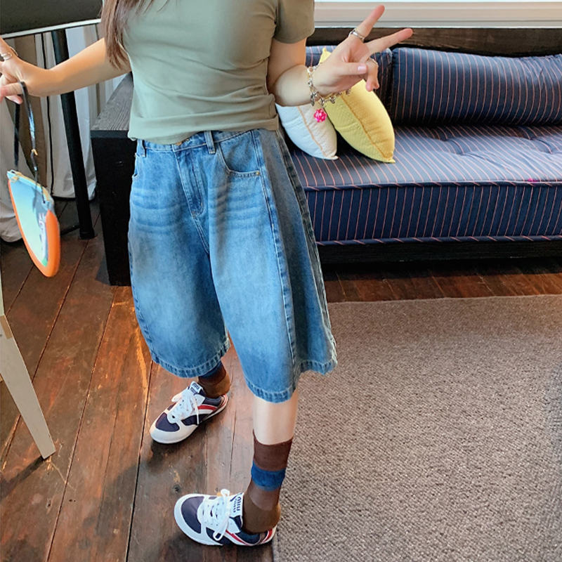 小个子女款牛仔短裤夏薄款梨形身材高腰宽松显瘦慵懒风阔腿五分裤