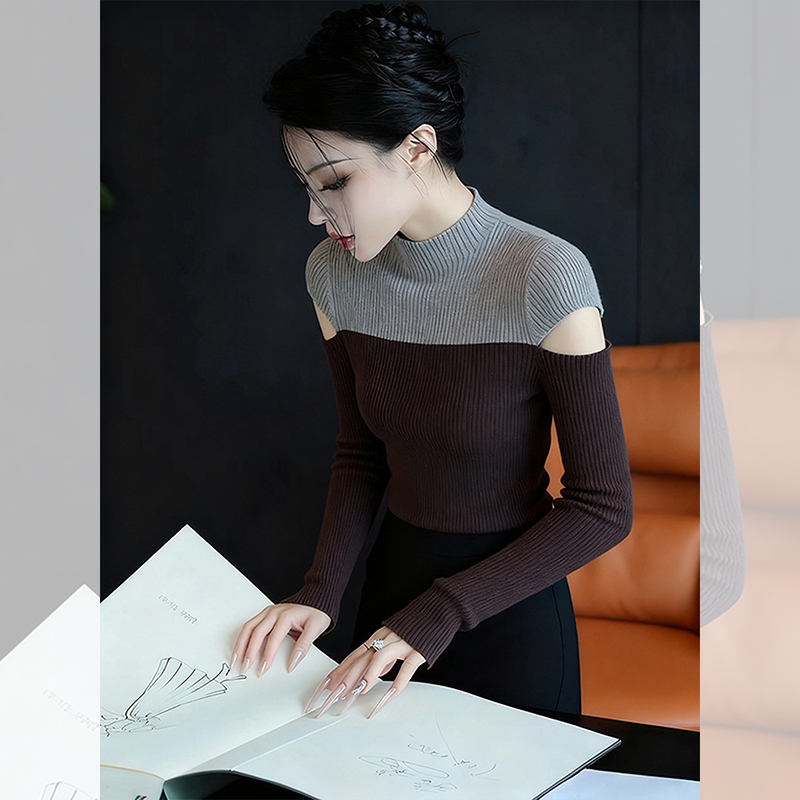 别致独特漂亮内搭咖色露肩小衫女装秋冬洋气高贵半高领针织衫上衣