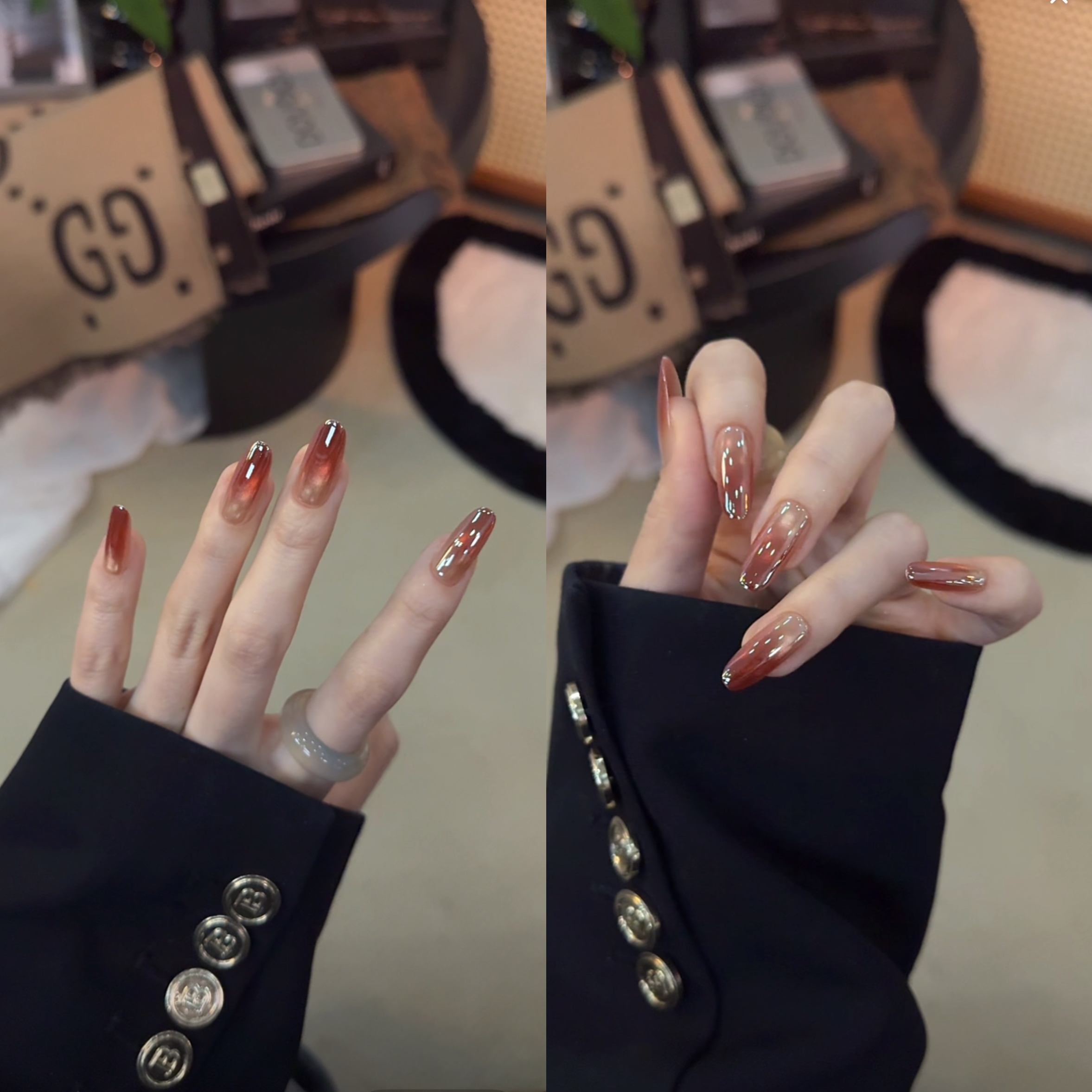 达人专属【石榴酱】指尖渐变深草莓色追光猫眼手工穿戴甲10片