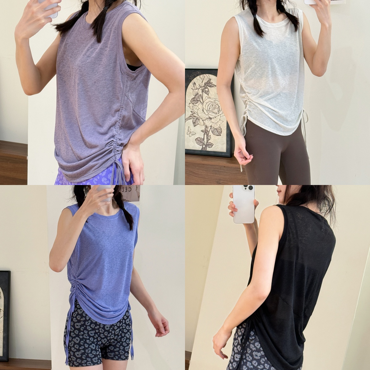 无袖褶皱抽绳运动背心微透宽松遮肉跑步训练罩衫速干健身瑜伽上衣