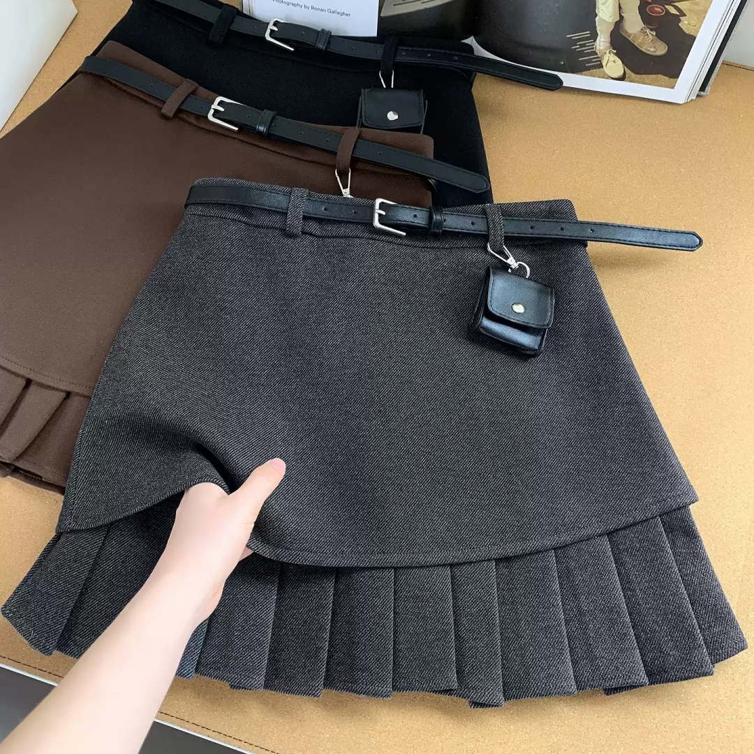 高腰毛呢短裙秋冬时尚不规则A字百褶假两件防走光半身裙显瘦短裙