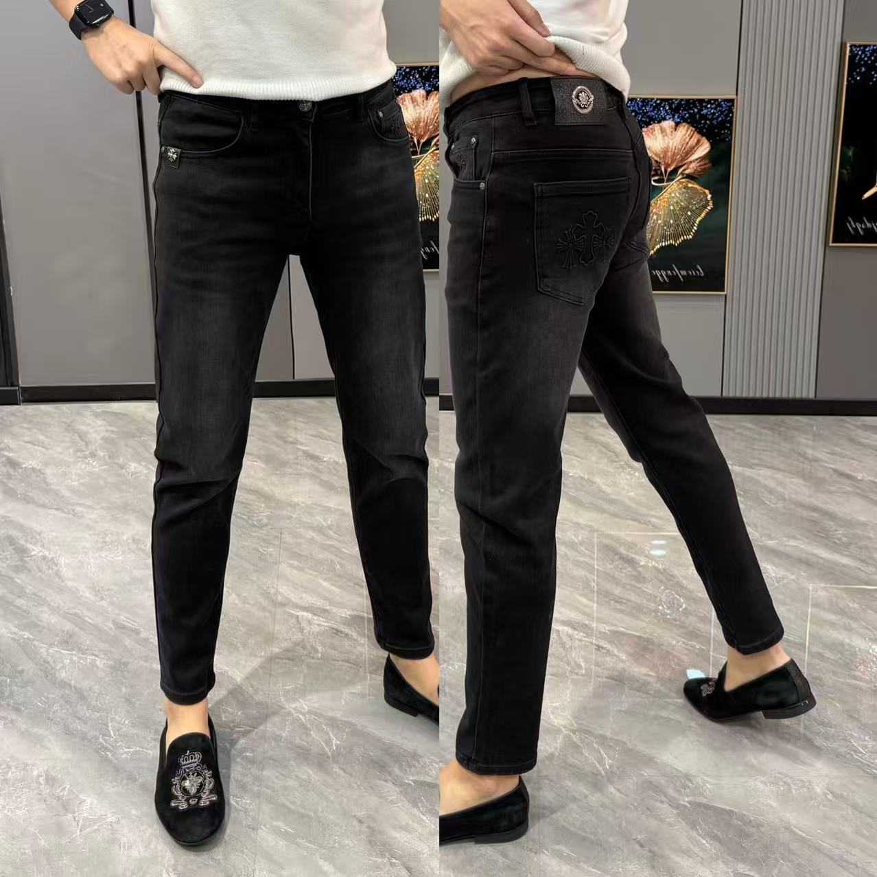 裤子男简约黑色牛仔裤男款百搭修身小脚裤冬季新款轻奢高档长裤男