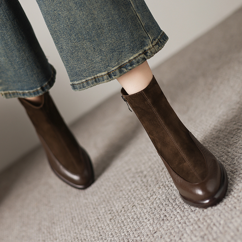 【5.5cm/羊皮】法式复古粗跟短靴女秋冬新款真皮马丁靴KL710