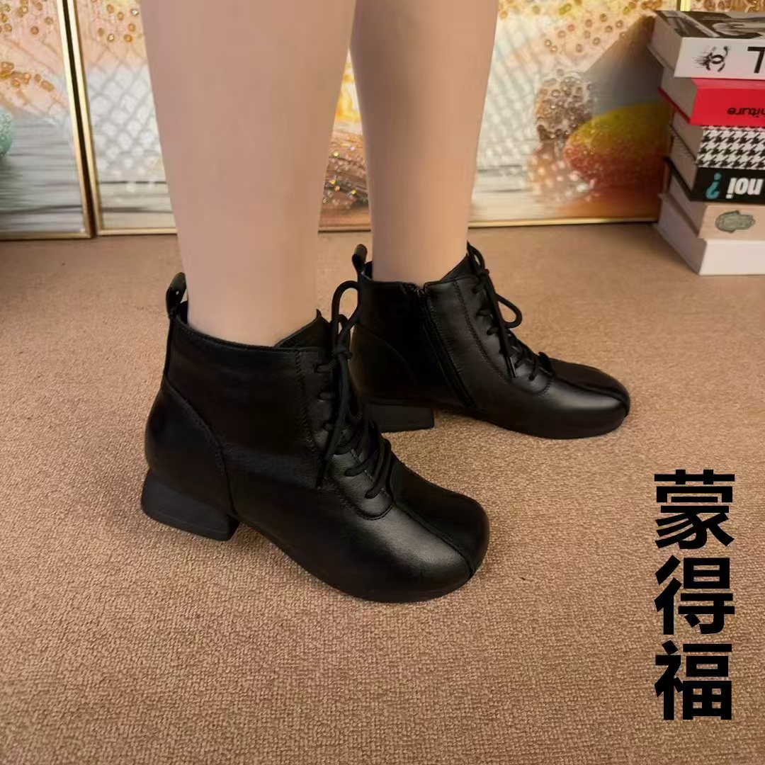 中跟马丁靴秋冬牛皮瘦瘦靴女平底圆头粗跟时尚百搭真皮软底复古