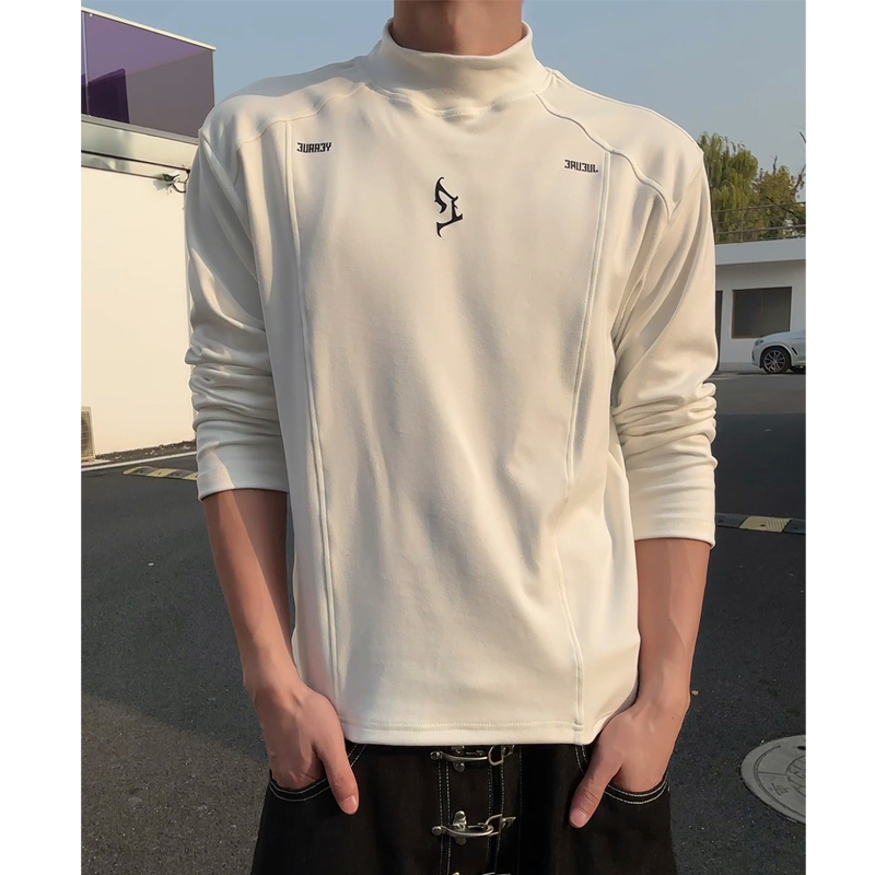 半高领德绒解构正肩长袖t恤男款秋冬简约印花宽松内搭上衣打底衫