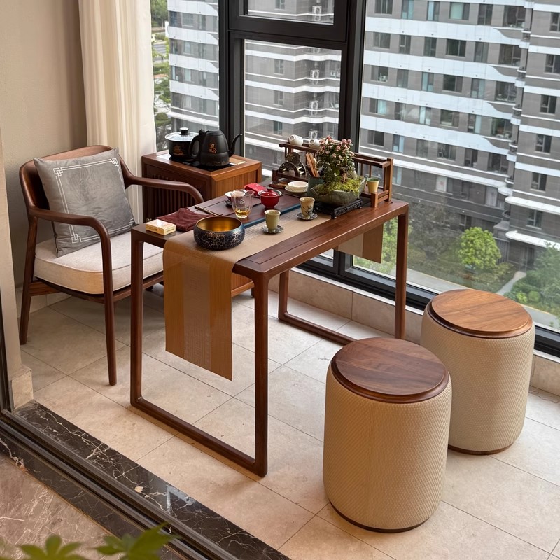 北美黑胡桃木阳台小茶桌小户型客厅家用实木茶台茶几茶桌椅组合