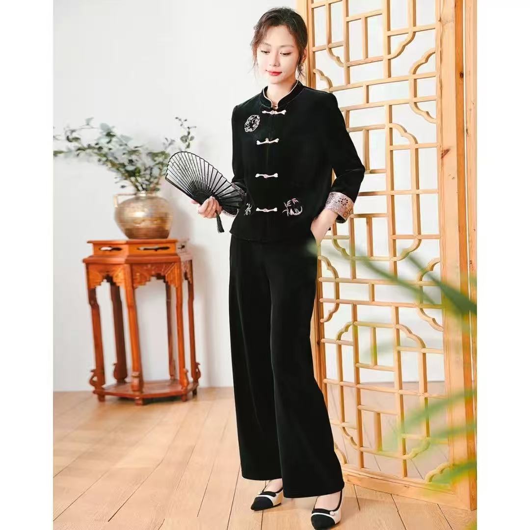 修身显瘦刺绣套装新中式气质优雅上衣裤子两件套T899