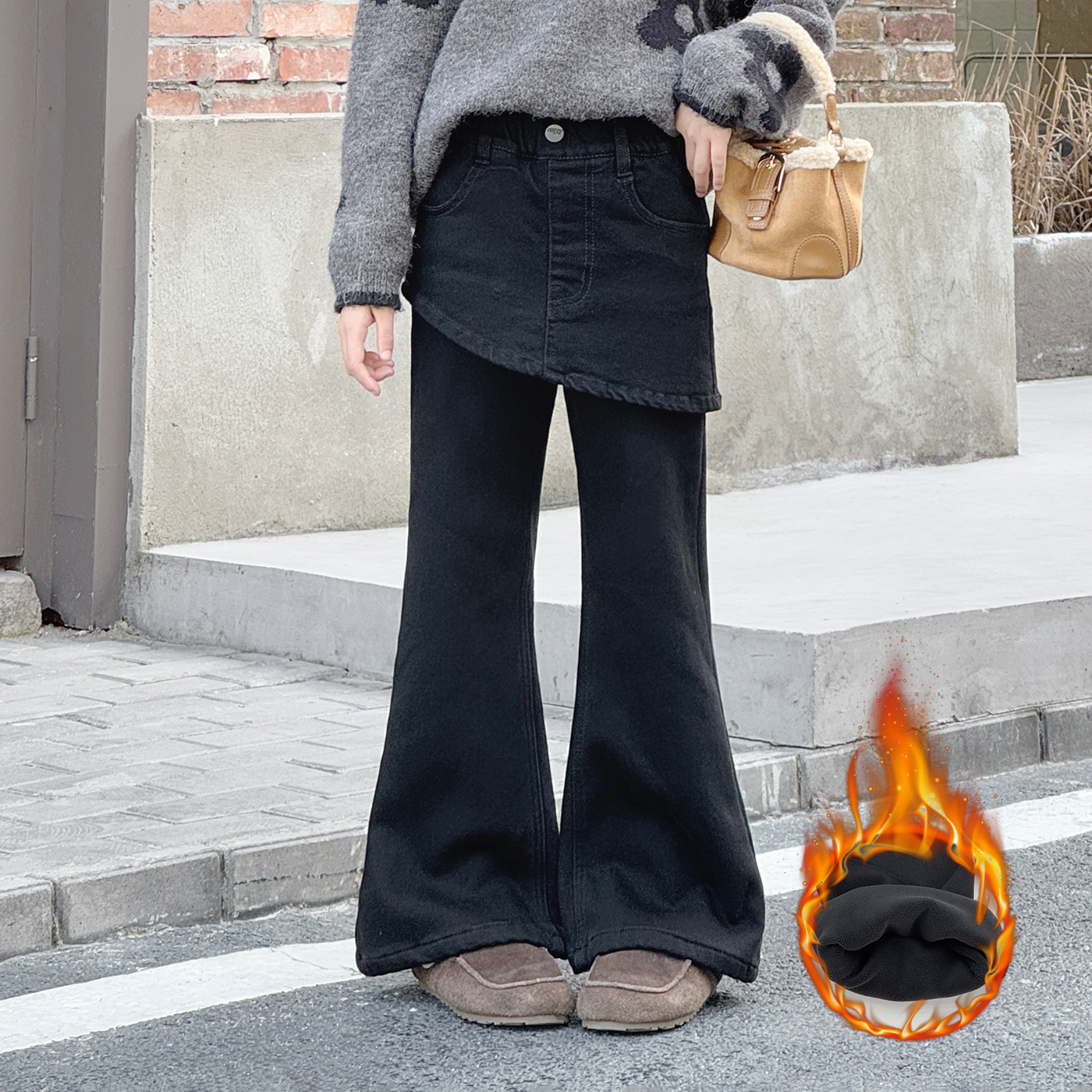 女童加绒弹力牛仔裤冬装新款显瘦喇叭裤洋气假两件裙裤一体绒裤子