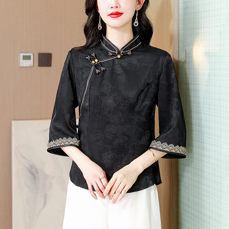 国风刺绣提花衬衫女2025春夏新款唐装中式旗袍上衣妈妈丝感衬衣