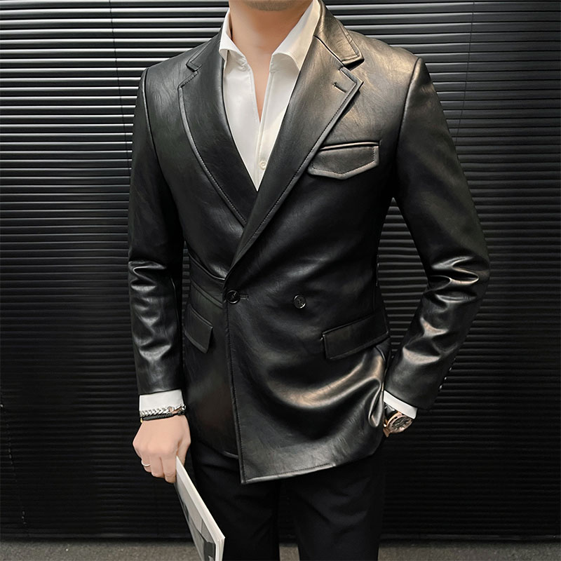 设计感皮衣西装外套男韩版修身商务休闲时尚百搭高级感搭扣西服男