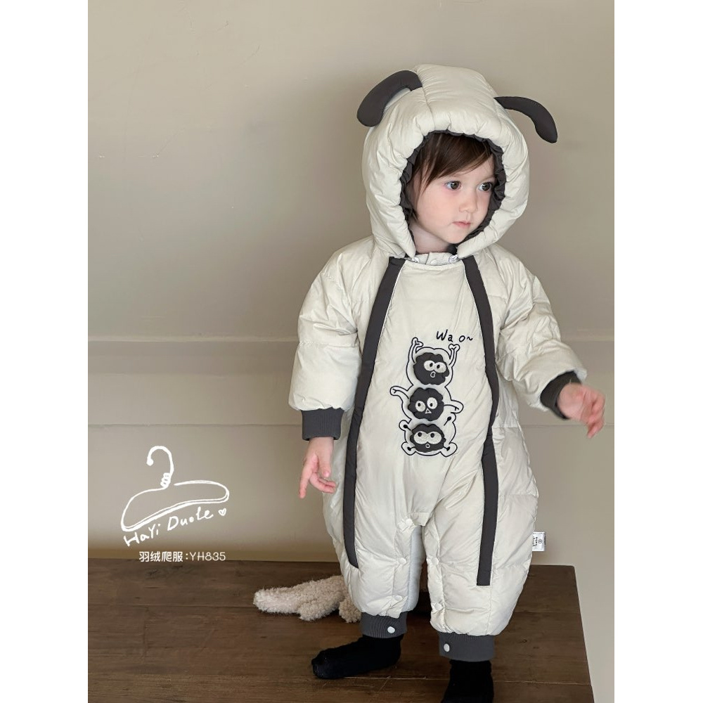 茉茉哩婴儿羽绒服连体衣白鸭绒三只小煤球双拉链羽绒服哈衣835