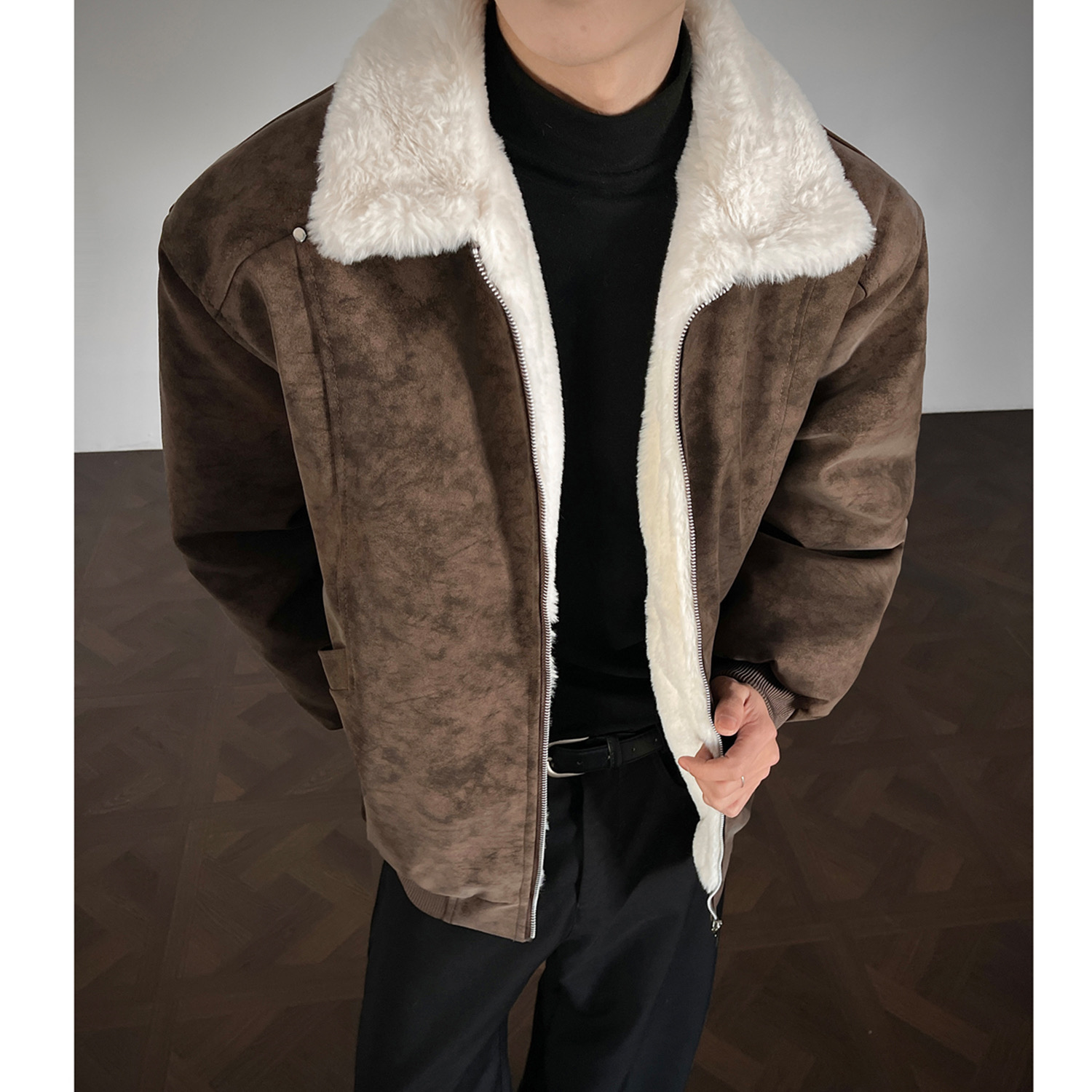 HN潮牌-冬季美拉德羊羔绒雾面PU皮棉服加绒加厚保暖百搭情侣棉衣