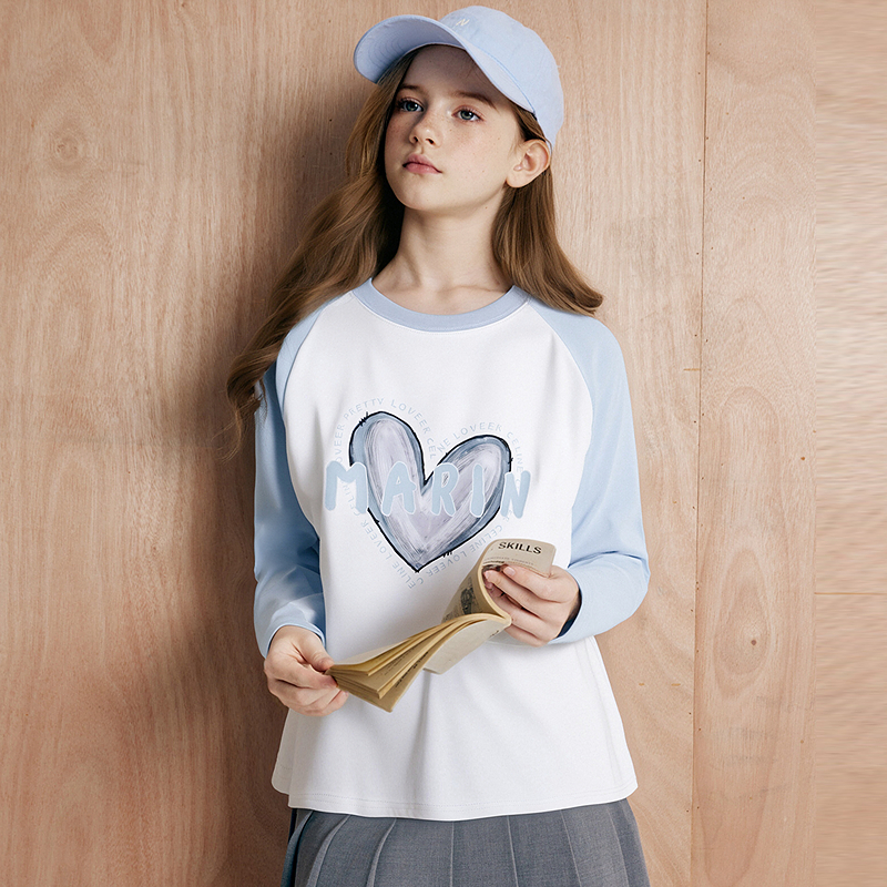 笛莎童装女童长袖t恤春秋2025新款儿童爱心圆领撞色T恤-7M2510601