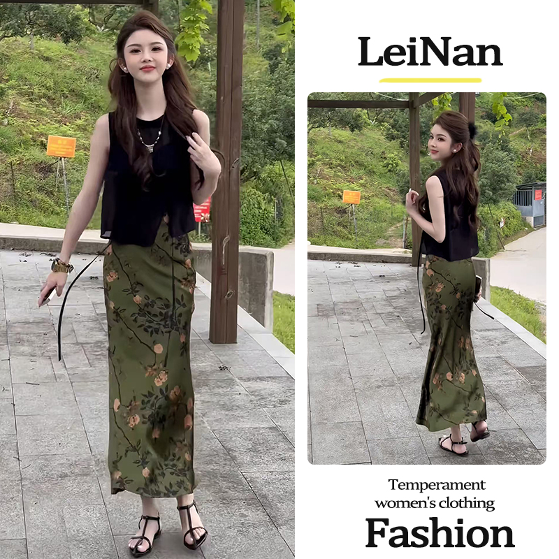 2025新款夏季新中式时尚显瘦无袖马甲上衣国风印花半身裙两件