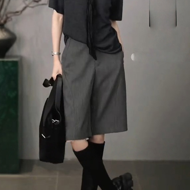灰色极简休闲五分裤女2025秋季流行新款高腰通勤时尚百搭阔腿中裤