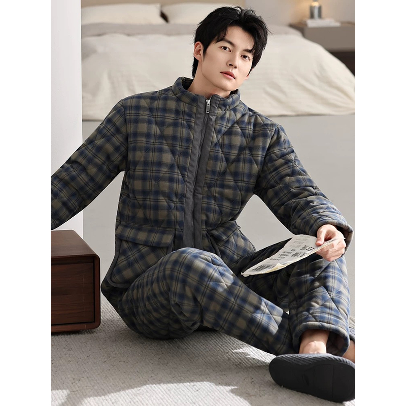 高档梭织夹棉男士冬季加绒加厚大码拉链三层家居服睡衣套装可外穿