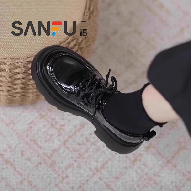 三福新款黑色小皮鞋2025春秋小个子增高配裙子单鞋厚底系带乐福鞋
