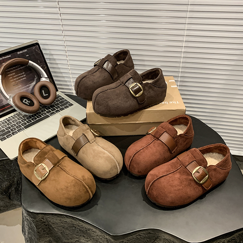 两穿加绒厚底勃肯鞋女2025秋冬季新款毛毛百搭内增高休闲乐福棉鞋