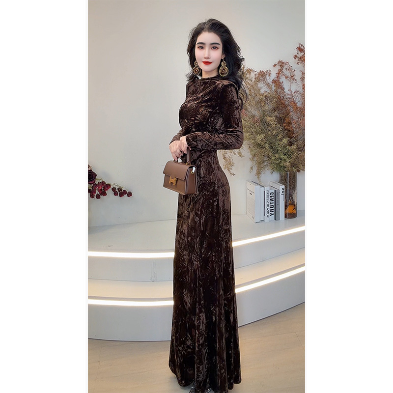 2025冬新款中式复古连衣裙立领长袖收腰显瘦优雅气质长裙99289