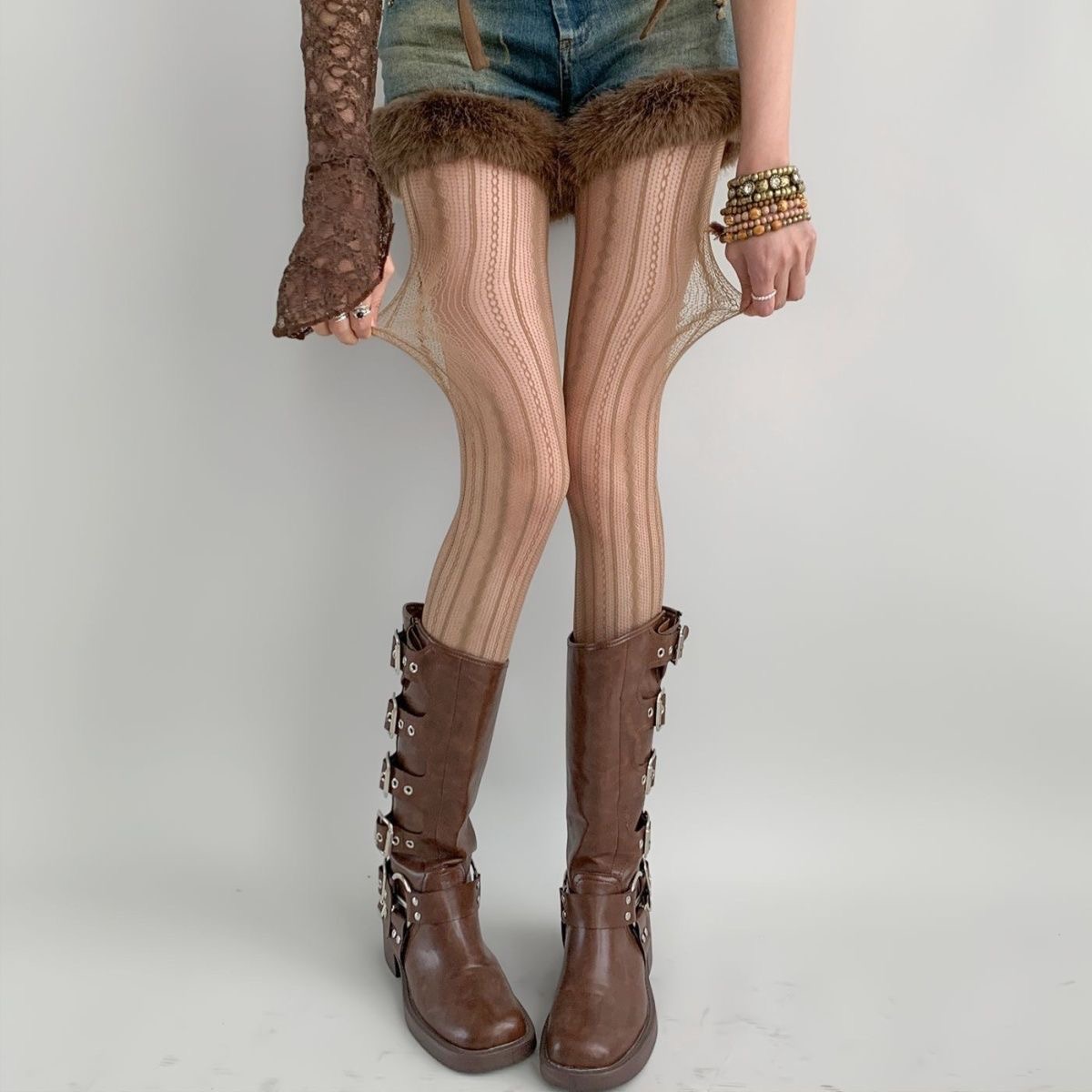 【新疆包邮乌市直发】复古个性镂空蕾丝渔网袜竖纹提花连裤袜