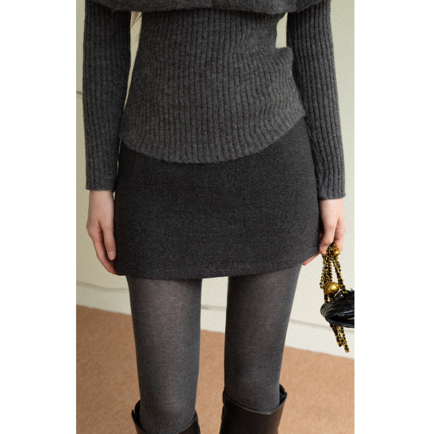 EGGKA灰色简约A字呢料半身裙秋冬防走光气质休闲短裙E25B30699AF