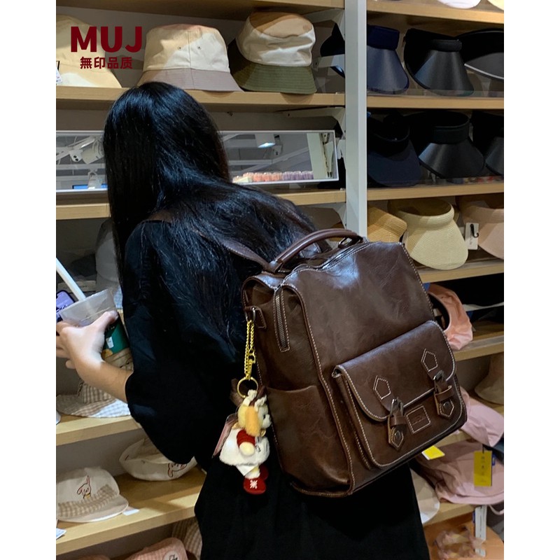 日本进口【无印MUJ】包包女2525新款韩版爆款软皮复古双肩包大容