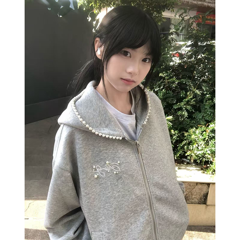 美式复古钉珠刺绣连帽卫衣女小众设计感情侣款开衫拉链外套#WY188