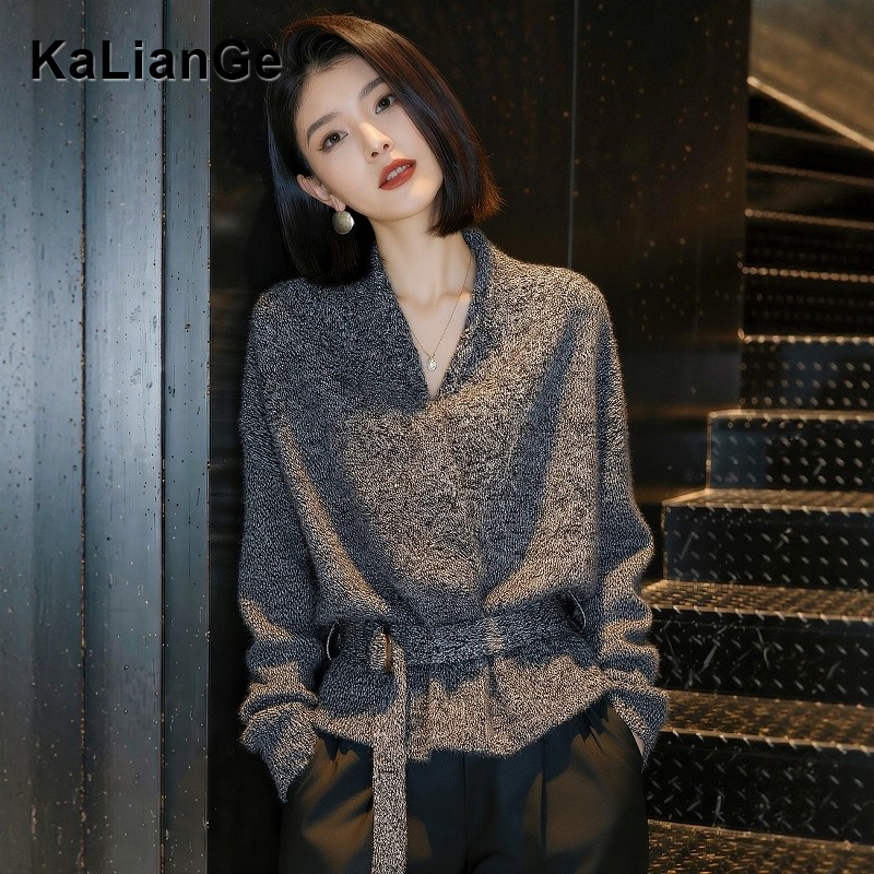 卡莲格/慵懒风系带收腰V领毛衣开衫女秋冬高级感时尚气质外套上衣