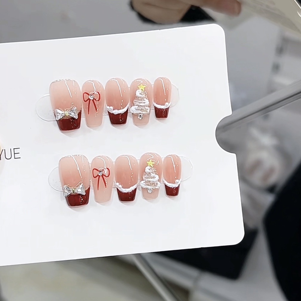 【圣诞蝴蝶结】纯手工穿戴甲甜美快乐圣诞美甲穿戴式美甲片指甲贴片