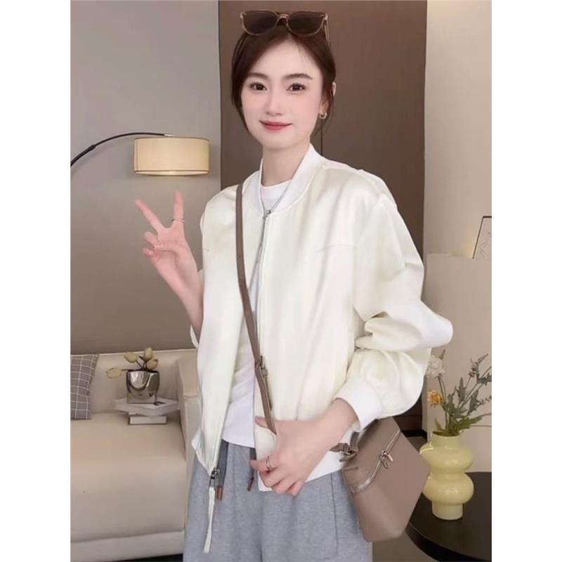 2025春秋新款女士白色休闲圆领短款棒球服外套宽松小个子夹克上衣