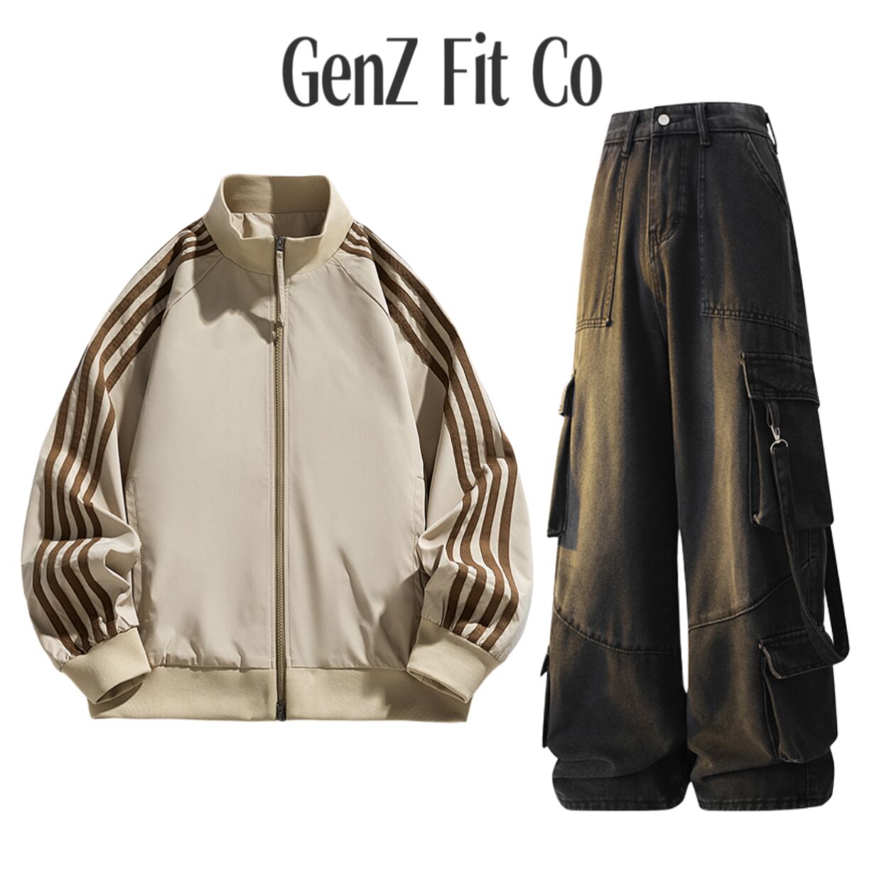 GenZFitCo条纹立领运动休闲拉链情侣卫衣工装水洗做旧青少年套装