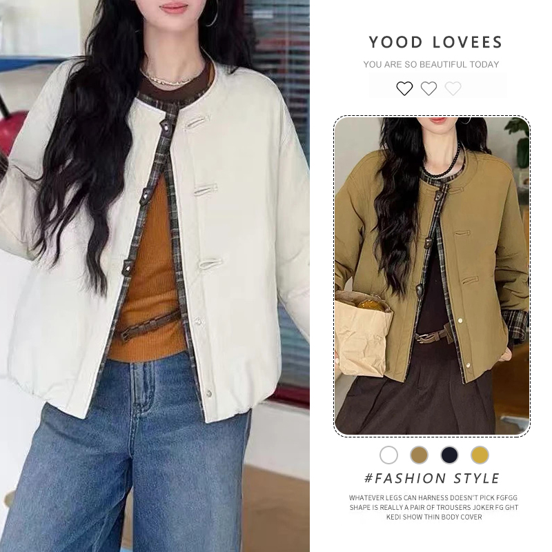 休闲风格子拼接牛角扣棉服女2025秋冬新款宽松显瘦外套小个子棉衣