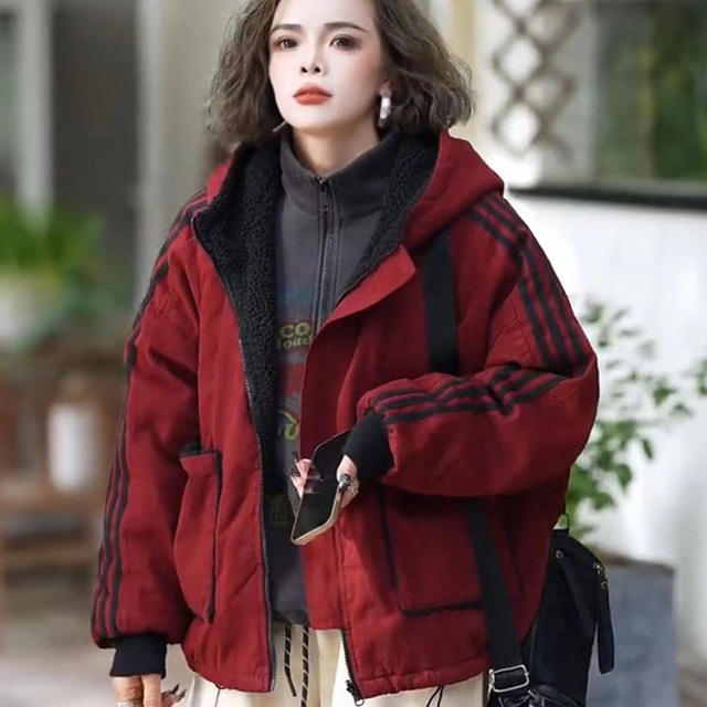 2025年冬季新款加绒加厚条纹设计保暖舒适女士外套双面穿百搭棉衣