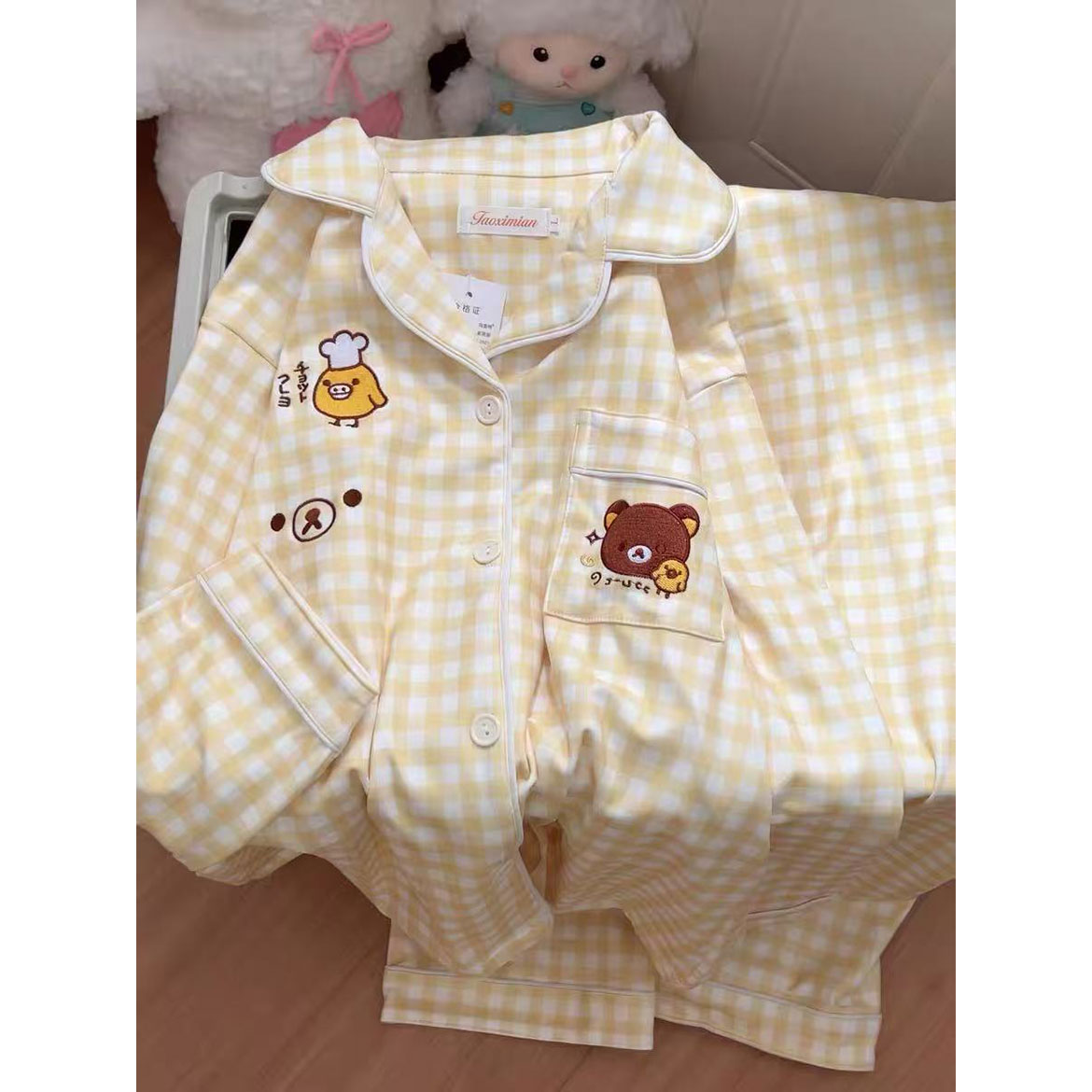 冬季刺绣小熊德绒睡衣女卡通可爱INS长袖翻领冬天保暖家居服套装