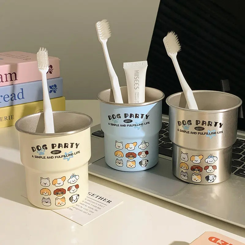 不锈钢阶梯卡通小狗家族洗漱杯简约家用高颜值情侣漱口杯