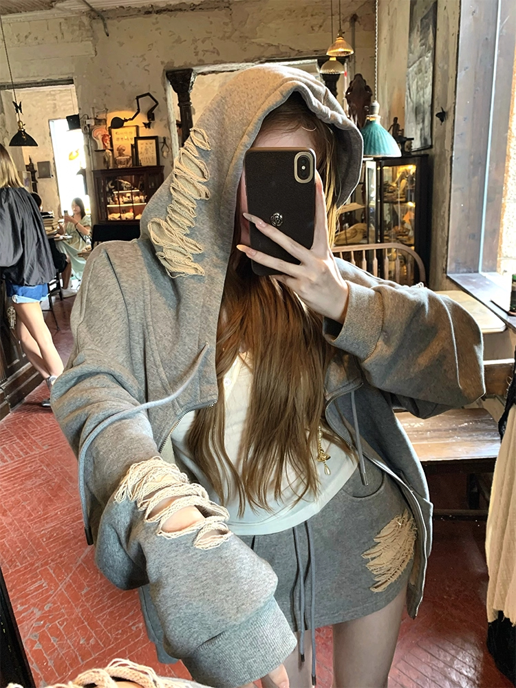 100棉纯棉2025秋冬破洞重工宽松开衫卫衣套装女包臀半身裙两件套