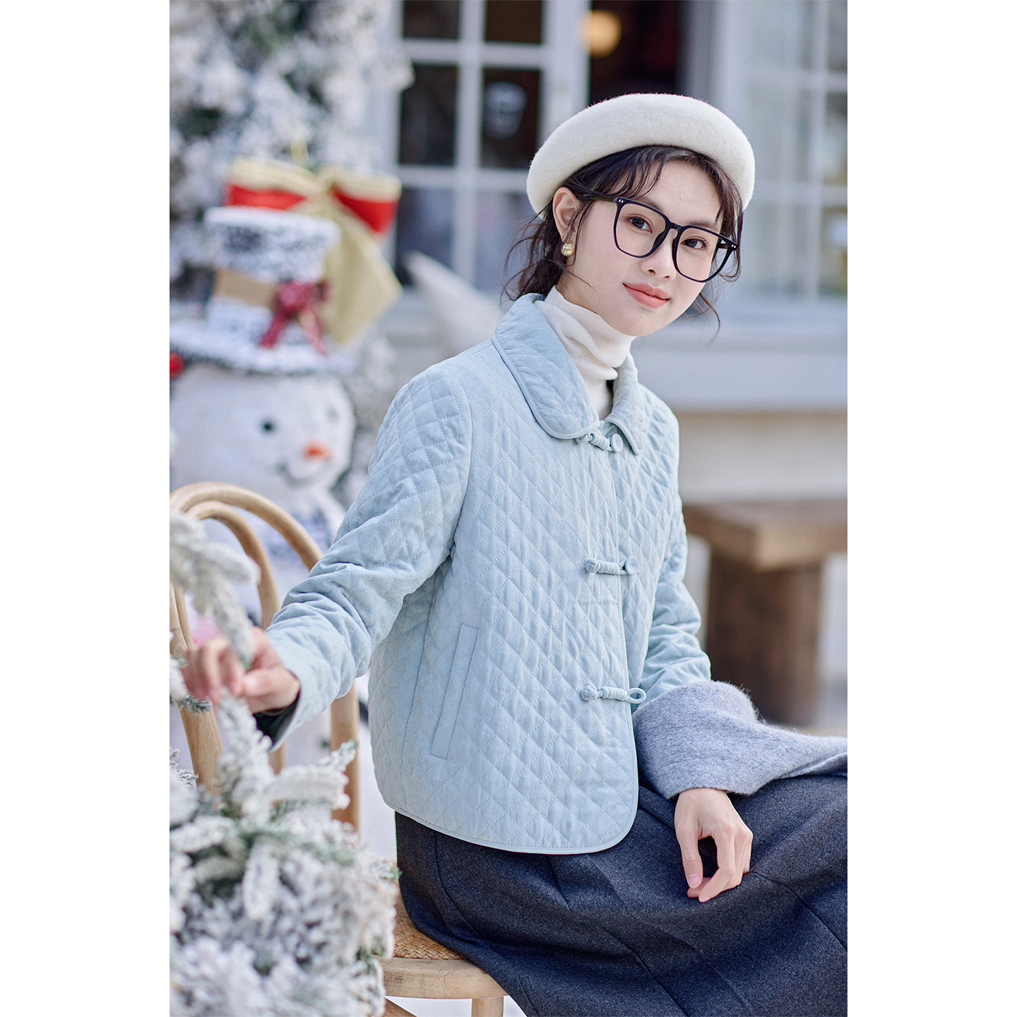 红念蓝色棉服女短款小个子设计感2025年冬季新款女装短款棉服女款