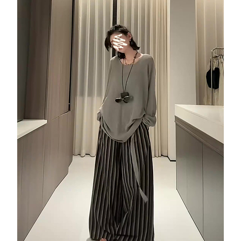 2025秋季新款女韩系穿搭薄款宽松针织上衣高腰显瘦条纹阔腿长裤