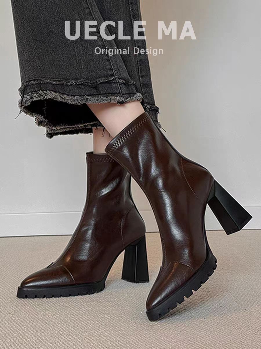 阔腿裤必备鞋秋冬季高跟棉鞋小个子增高厚底马丁靴女棕色尖头短靴