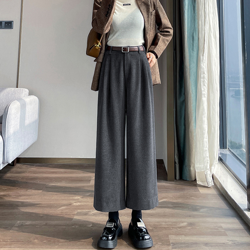 灰色毛呢阔腿裤子女胖mm大码显瘦小个子梨型身材高腰九分直筒裤冬