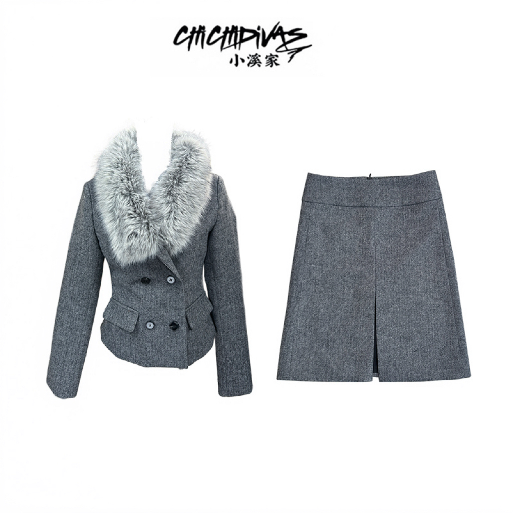 （小溪家）西装可拆卸毛毛领外套开衩半身裙简约通勤干练秋冬裙子