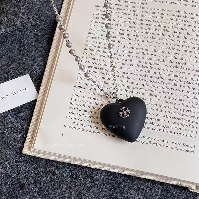 钛钢吊坠 长款黑心项链百搭甜酷个性小众ins灰色锁骨链秋冬毛衣链