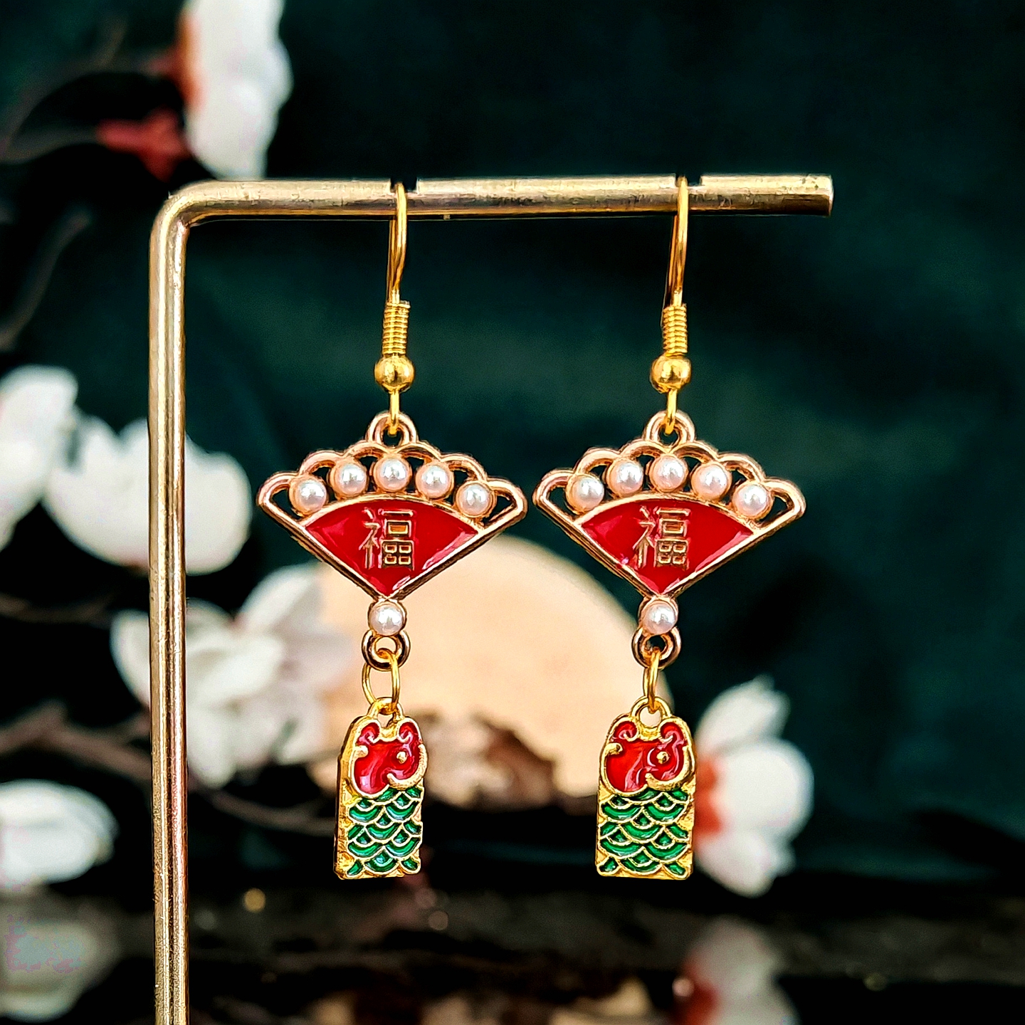 多吉米 合金耳饰 福扇跃鲤新中式原创高级感耳环耳夹汉服旗袍耳饰