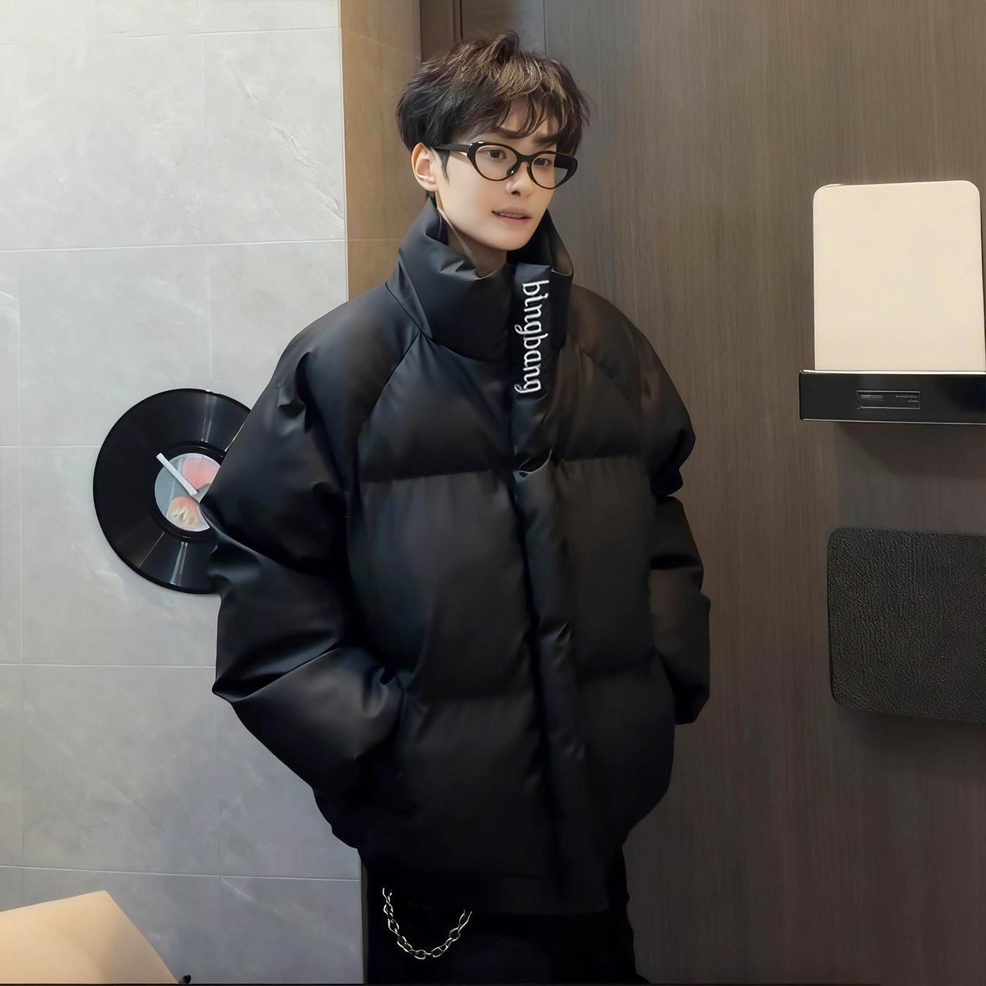 黑色PU皮刺绣立领服男款冬季加厚保暖棉服外套美式三防面包服