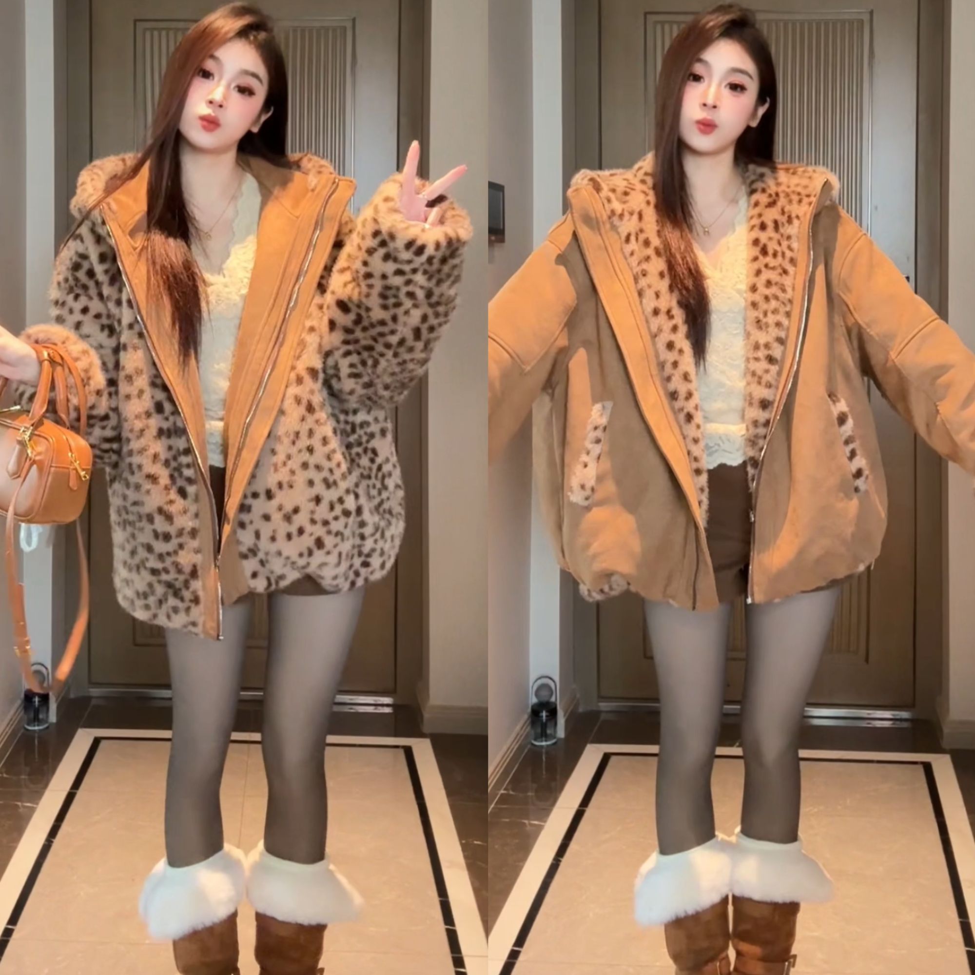 2025新款小豹纹两面穿皮绒一体加厚麂皮绒外套