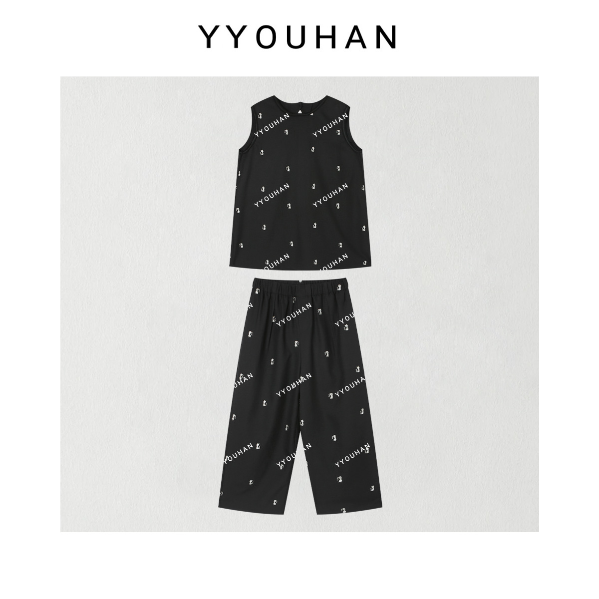 YYOUHAN 【巴黎夜色】刺绣小猫T恤长裤冰凉夏日套装 2506C3673