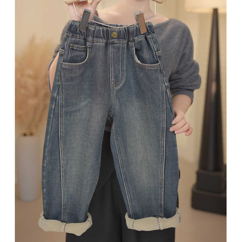 儿童牛仔裤2025秋冬新款中大童一体绒加厚牛仔裤百搭韩版长裤 001