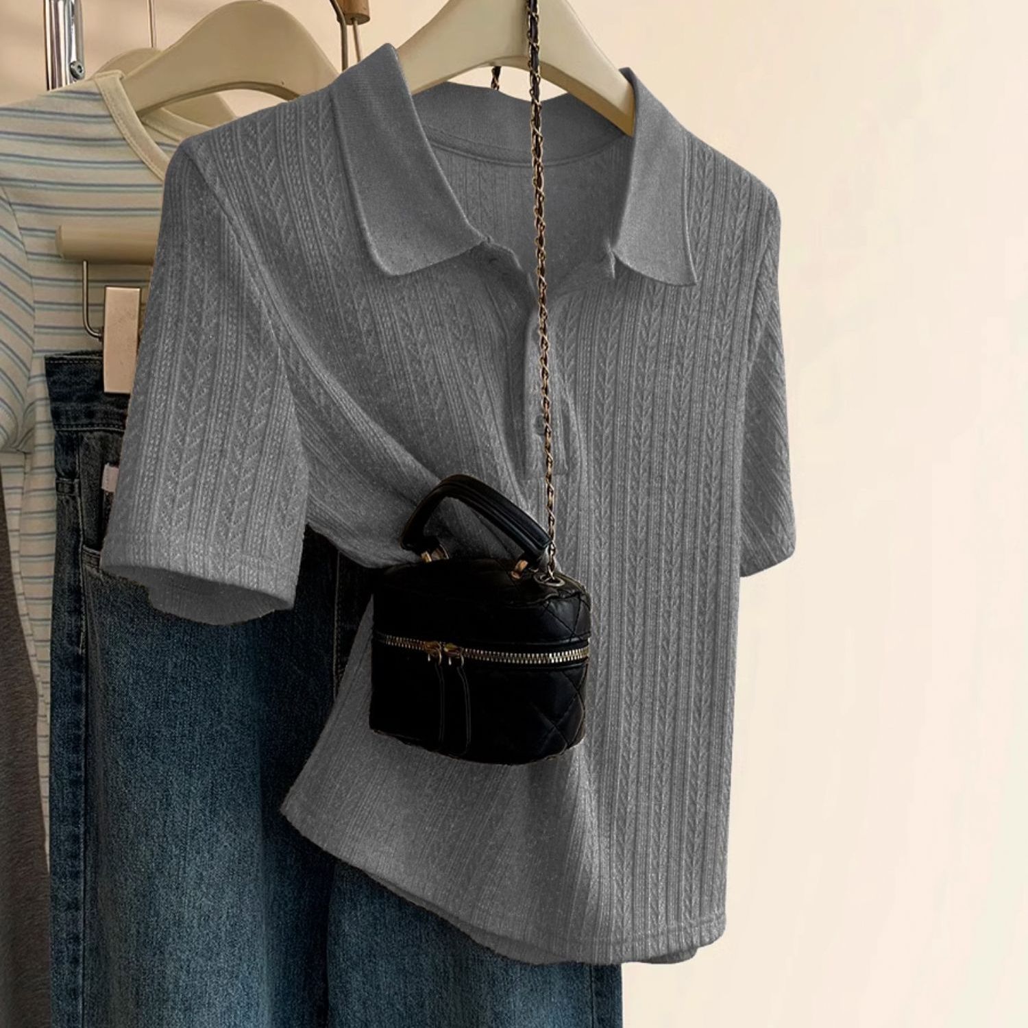 大码遮肚POLO领上衣麦穗冰丝针织衫打底衫2025夏T恤新款洋气时髦