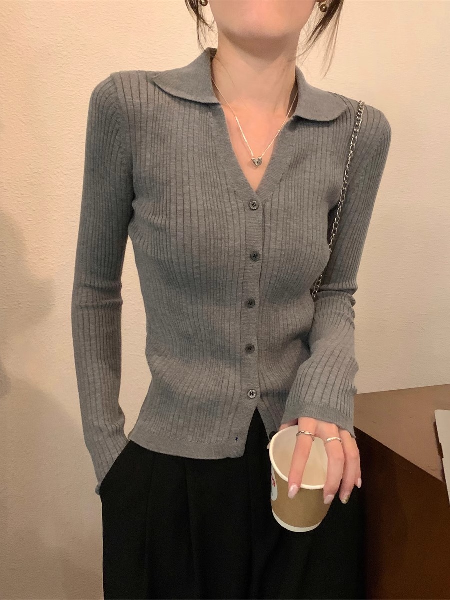 polo领针织开衫女2025秋季新款韩版百搭打底衫显瘦内搭可外穿上衣