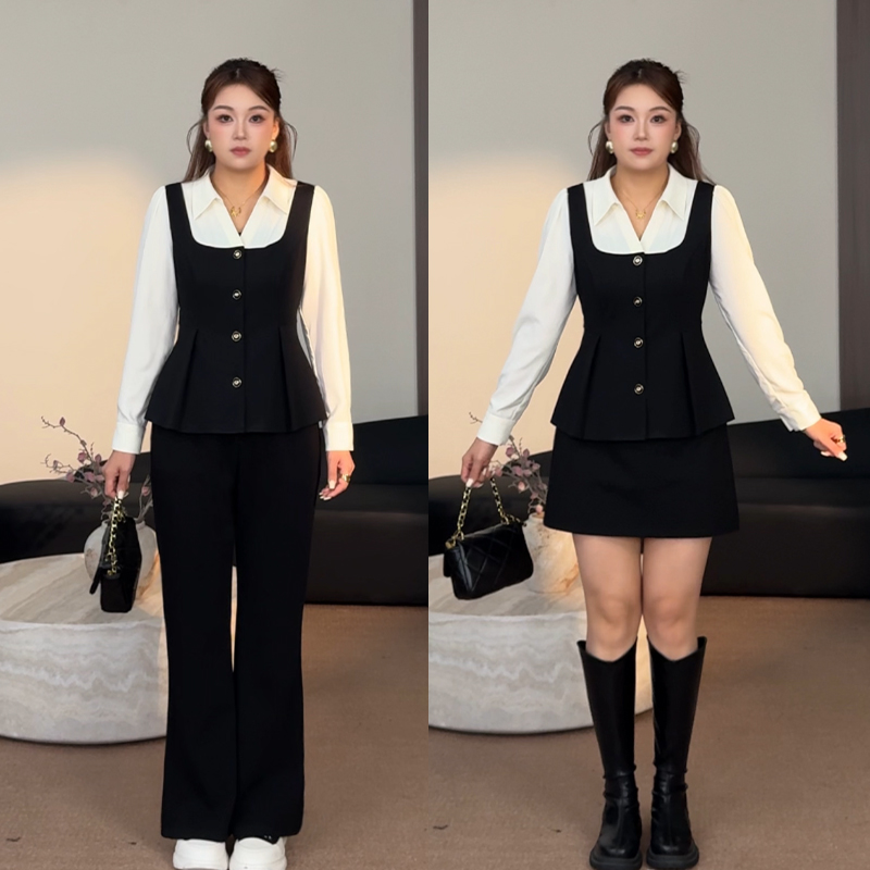 （现现款）花菜微胖定制~【拼接日记】撞色假两件上衣+半裙+长裤